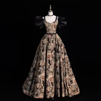Vintage Retro Black Cat Printing Prom Dresses 2023 Puffy Short Sleeve Backless Formal Dresses