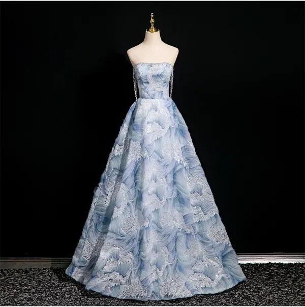 Elegant Sky Blue Beading Sequins Prom Dresses 2025 Ball Gown Off-The-Shoulder Short Sleeve Backless Floor-Length / Long Prom Formal Dresses