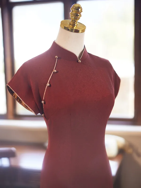 Modest  Burgundy Casual Cheongsam 2025 Trumpet / Mermaid High Neck Short Sleeve Floor-Length / Long