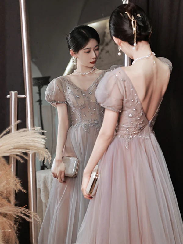 Chic / Beautiful Dusky Pink Prom Dresses 2022 A-Line / Princess V-Neck Beading Short Sleeve Backless Floor-Length / Long Prom Formal Dresses
