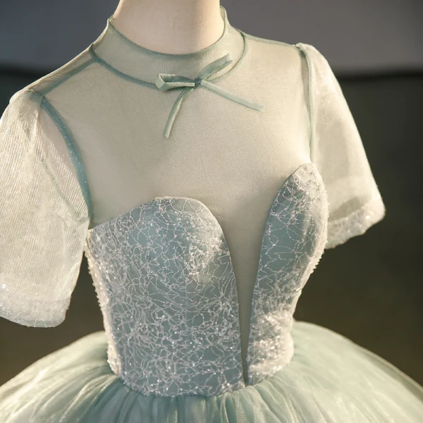 Élégant Vert Cendré Paillettes Robe De Bal 2023 Robe Boule Col Haut Manches Courtes Longue Promo Robe De Ceremonie
