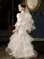 Vintage / Retro White Embroidered Wedding Cascading Ruffles Flower Girl Dresses 2024 Ball Gown Covered Button V-Neck Long Sleeve Floor-Length / Long