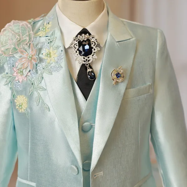 Sage Green Lace Flower Pearl Long Sleeve 6-piece Boys Wedding Suits 2025 Body Jewellery Coat Pants Shirt Tie Vest Wedding
