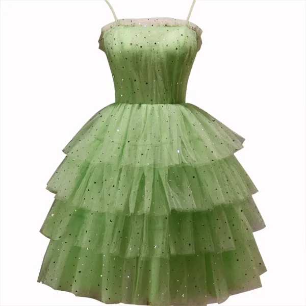 Sexy Vert Cendré Étoile Paillettes Courte Robe De Fête 2023 Bretelles Spaghetti Volants en Cascade Sans Manches Dos Nu Cocktail Soirée Robe De Ceremonie