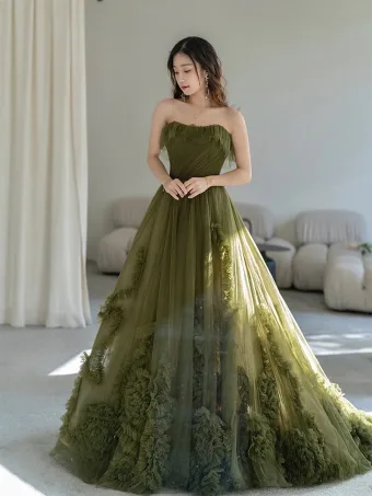 Chic Beautiful Sage Green Bow Sash Prom Dresses 2025 A Line Princess Strapless Sleeveless Backless Sweep Train Formal Dresses