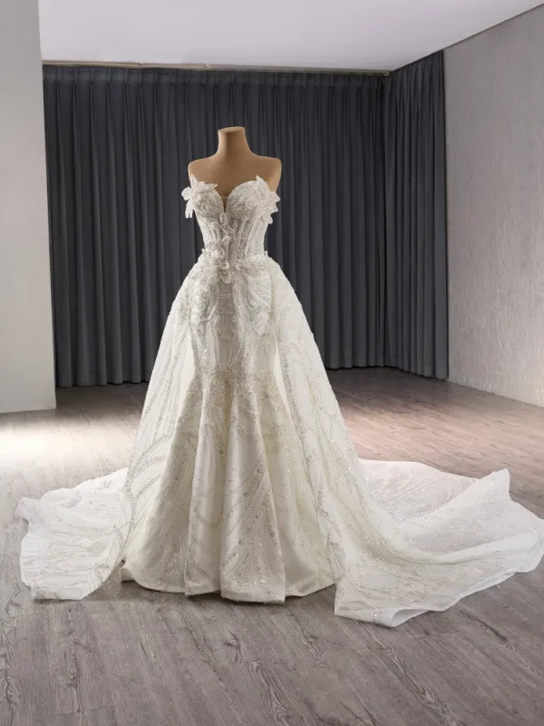 Luxury / Gorgeous White Handmade  Beading Sequins Pearl Flower Chapel Train Wedding Dresses 2024 Trumpet / Mermaid Strapless Sleeveless Backless Wedding