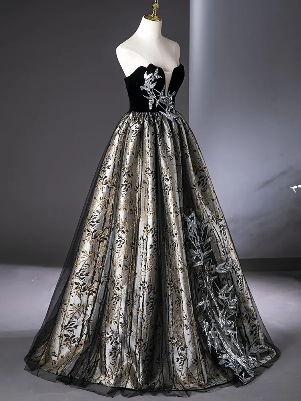 Elegant Black Lace Flower Prom Dresses 2024 Ball Gown Strapless Sleeveless Backless Floor-Length / Long Prom Formal Dresses