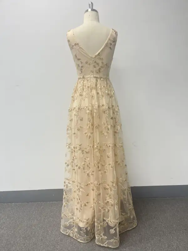 Chic / Beautiful Lace Flower Dusky Pink Prom Dresses 2024 A-Line / Princess V-Neck Sleeveless Backless Floor-Length / Long Prom Formal Dresses