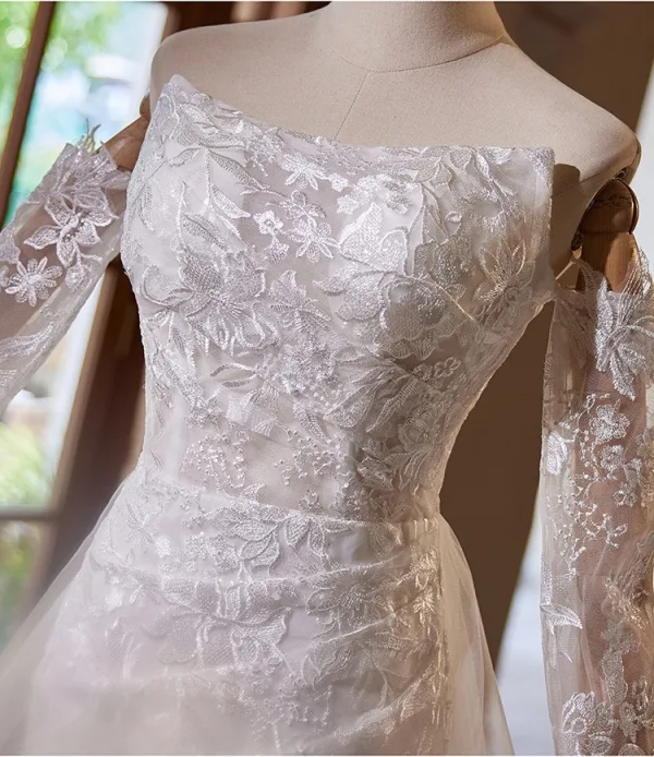 Légère Blanche En Dentelle Fleur Robe De Mariée 2024 Trompette / Sirène De l'épaule Manches Longues Dos Nu Train De Balayage Mariage