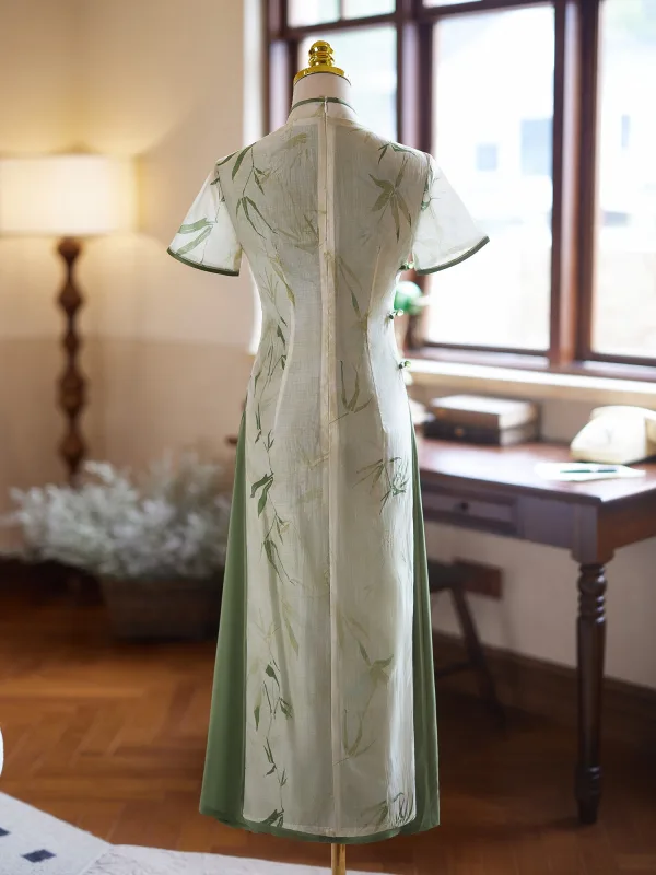 Chinese style Sage Green Printing Summer Tea-length Cheongsam 2024 Trumpet / Mermaid High Neck Short Sleeve