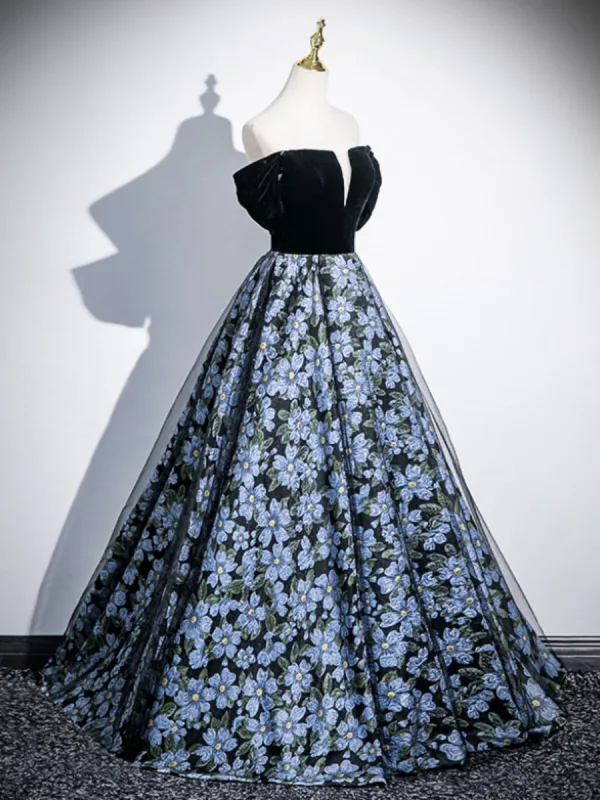 Elegant Black Floral Prom Dresses 2025 Ball Gown Off-The-Shoulder Short Sleeve Backless Floor-Length / Long Prom Formal Dresses
