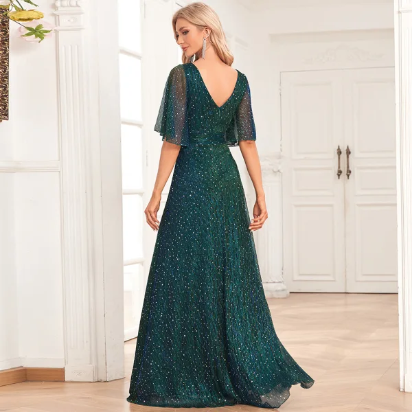 Bling Bling Vert Foncé Perlage Paillettes Robe De Soirée 2024 Princesse V-Cou Manches Courtes Dos Nu Longue Promo Robe De Ceremonie