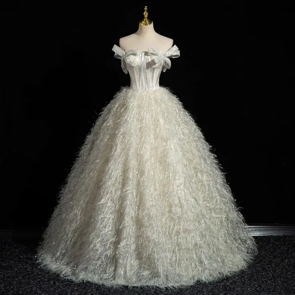 Charmant Ivory / Creme Glanz Pailletten Quaste Ballkleider 2023 Ballkleid Bandeau Schleife Ärmellos Rückenfreies Lange Festliche Kleider