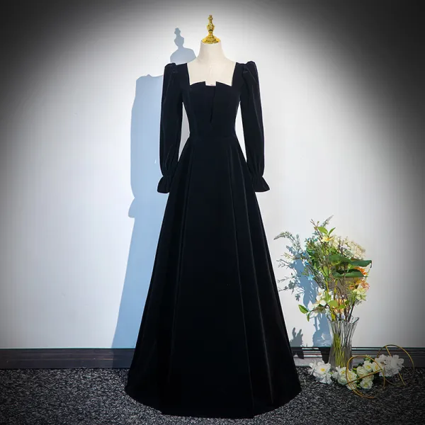 Vintage / Retro Black Winter Prom Dresses 2024 A-Line / Princess Square Neckline Long Sleeve Backless Floor-Length / Long Prom Formal Dresses