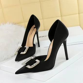 Sexy Zwarte Avond Rhinestone Damesschoenen Hoge Hakken 2023 10 Cm Naaldhakken Stiletto Satijn Spitse Neus Damesschoenen