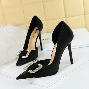 Sexy Black Evening Party Rhinestone Womens Shoes High Heels 2023 10 Cm Stiletto Heels Satin Pointed Toe Womens Shoes