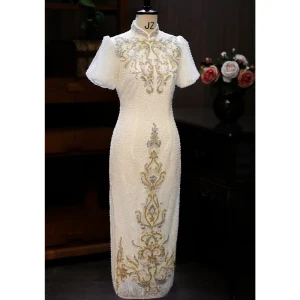 Charming Ivory Beading Glitter Pearl Sequins Evening Party Cheongsam 2024 Trumpet Mermaid High Neck Short Sleeve Tea Length