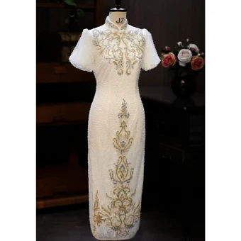Charming Ivory Beading Glitter Pearl Sequins Evening Party Cheongsam 2024 Trumpet Mermaid High Neck Short Sleeve Tea Length