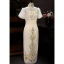 Charmant Ivoire Perlage Glitter Perle Paillettes Soirée Cheongsam 2024 Trompette / Sirène Col Haut Manches Courtes Thé Longueur