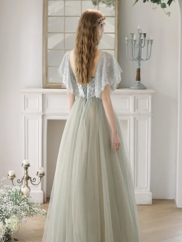 Charming Sage Green Sequins Prom Dresses 2024 A-Line / Princess Off-The-Shoulder Short Sleeve Backless Floor-Length / Long Prom Formal Dresses