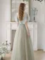 Charming Sage Green Sequins Prom Dresses 2024 A-Line / Princess Off-The-Shoulder Short Sleeve Backless Floor-Length / Long Prom Formal Dresses