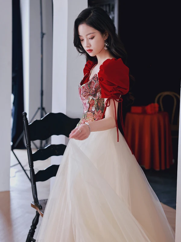 Vintage / Retro Burgundy Printing Prom Dresses 2022 A-Line / Princess Square Neckline Puffy Short Sleeve Backless Bow Floor-Length / Long Prom Formal Dresses