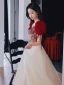 Vintage / Retro Burgundy Printing Prom Dresses 2022 A-Line / Princess Square Neckline Puffy Short Sleeve Backless Bow Floor-Length / Long Prom Formal Dresses