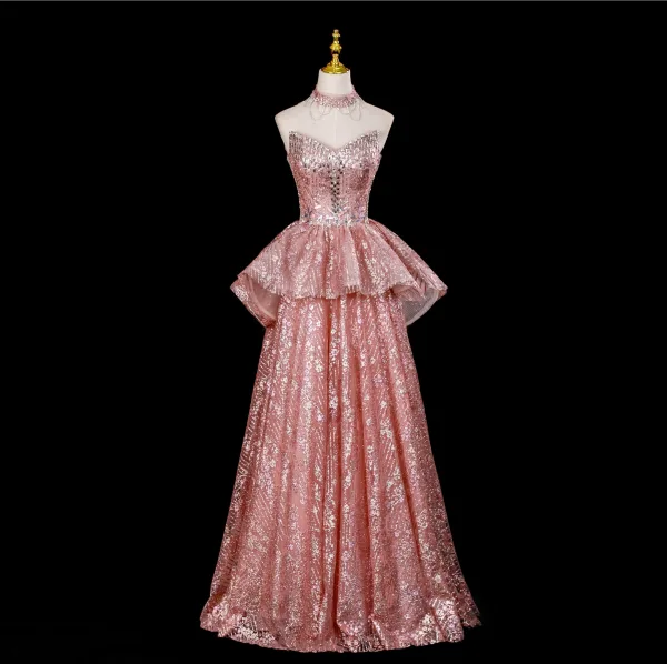 Glitzernden Sexy Pink Perlenstickerei Strass Pailletten Abendkleider 2025 A Linie Off Shoulder Kurze Ärmel Rückenfreies Lange Festliche Kleider
