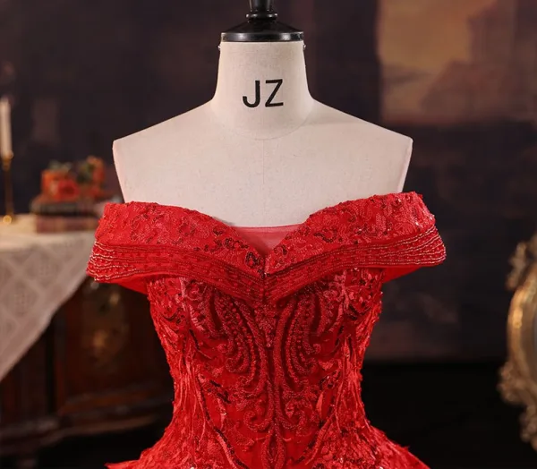 Amazing / Unique Red Beading Sequins Lace Flower Royal Train Wedding Dresses 2025 Ball Gown Off-The-Shoulder Short Sleeve Backless Tulle Wedding