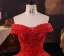 Amazing / Unique Red Beading Sequins Lace Flower Royal Train Wedding Dresses 2025 Ball Gown Off-The-Shoulder Short Sleeve Backless Tulle Wedding