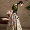 Fancy Dark Green Printing Prom Dresses 2022 Ball Gown Square Neckline Puffy Short Sleeve Backless Bow Sash Floor-Length / Long Formal Dresses