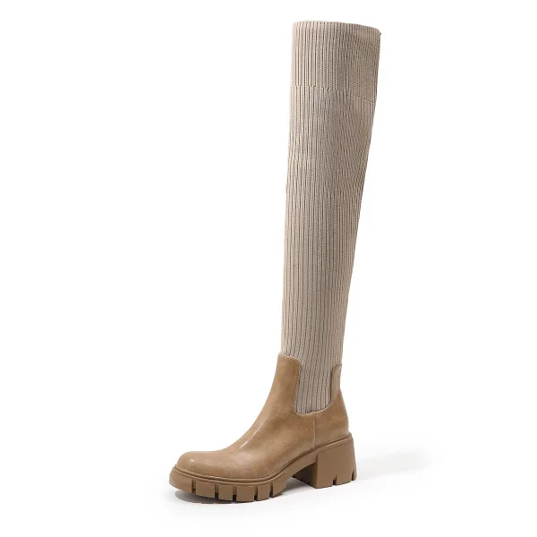 Fashion Brown Fall Winter Street Wear Sock Boots 2023 6 cm Thick Heels Round Toe Womens Boots