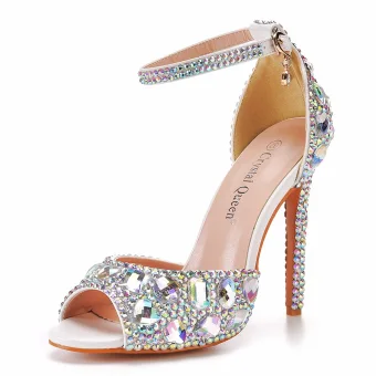 Charmant Blanche Multi Couleurs Faux Diamant Chaussure De Mariée 2022 Bride Cheville 11 Cm Talons Aiguilles Peep Toes Bout Ouvert Mariage Sandales Talons Hauts