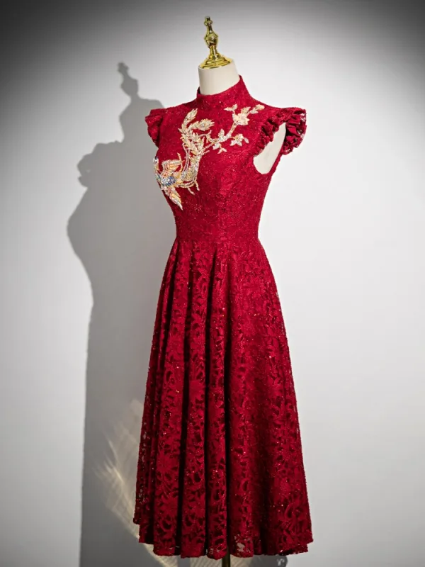 Chinese style Burgundy Beading Sequins Lace Embroidered Cheongsam 2024 A-Line / Princess High Neck Cap Sleeves Floor-Length / Long Prom