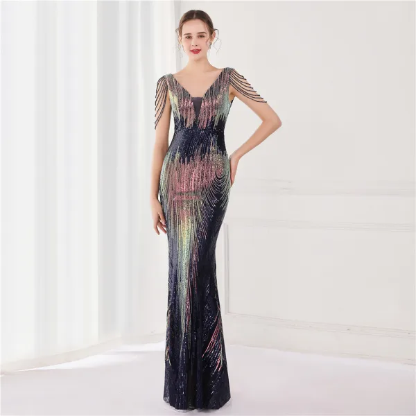 Scintillantes Blanche Paillettes Robe De Soirée 2022 Trompette / Sirène V-Cou Perlage Gland Sans Manches Dos Nu Longue Soirée Robe De Ceremonie