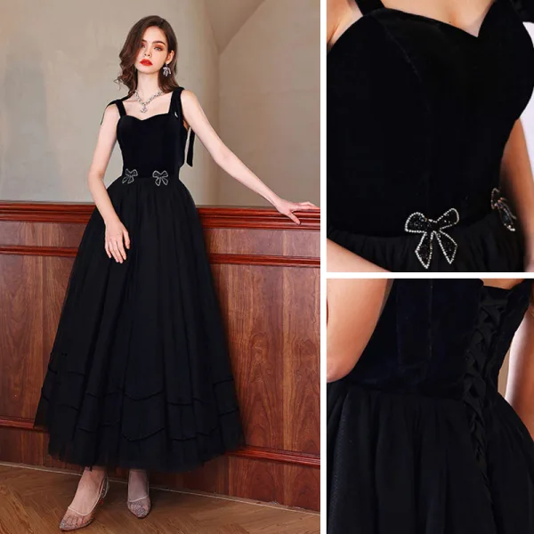 Chic / Beautiful Black Rhinestone Bow Prom Dresses 2022 A-Line / Princess Spaghetti Straps Sleeveless Backless Floor-Length / Long Prom Formal Dresses