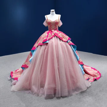 Fancy Fuchsia Multi Colors Prom Dresses 2022 Ball Gown Spaghetti Straps Sleeveless Backless Beading Lace Flower Sequins Satin Chapel Train Formal Dresses