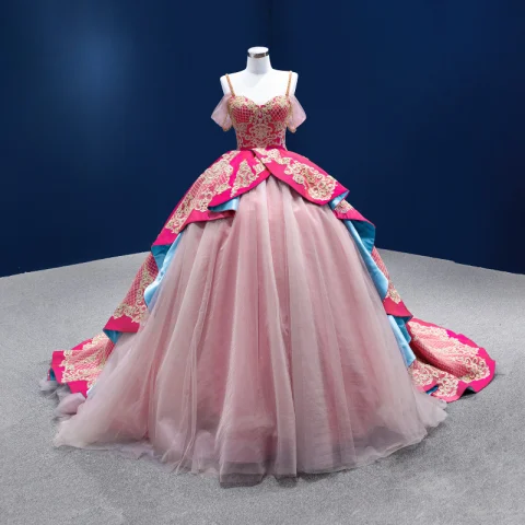 Fancy Fuchsia Multi-Colors Prom Dresses 2022 Ball Gown Spaghetti Straps Sleeveless Backless Beading Lace Flower Sequins Satin Chapel Train Formal Dresses