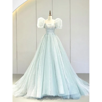Charming Sky Blue Sequins Prom Dresses 2023 Ball Gown Square Neckline Short Sleeve Puffy Backless Court Train Prom Formal Dresses