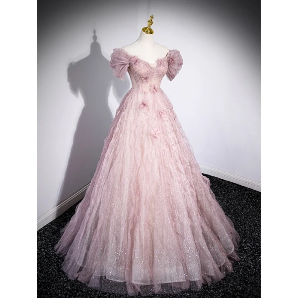 Chic / Belle Rougissant Rose Glitter Paillettes Robe De Bal 2023 Princesse De l'épaule Faux Diamant Appliques Manches Courtes Dos Nu Longue Promo Robe De Ceremonie