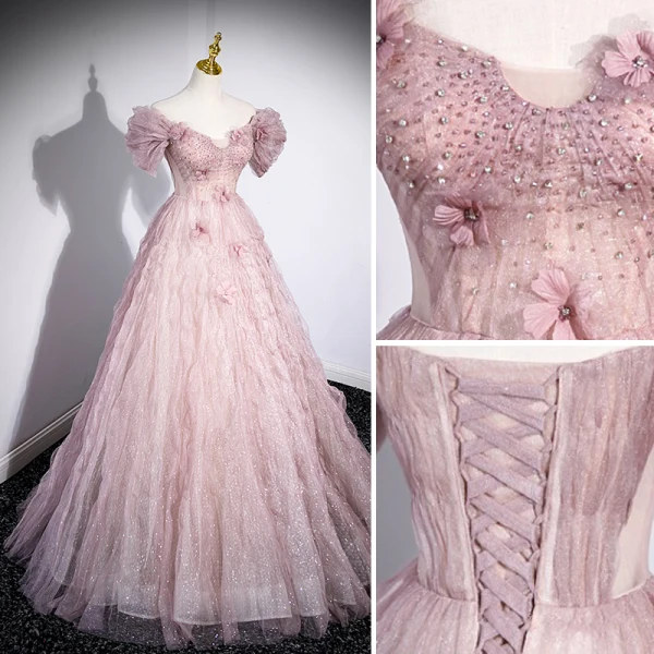 Chic / Belle Rougissant Rose Glitter Paillettes Robe De Bal 2023 Princesse De l'épaule Faux Diamant Appliques Manches Courtes Dos Nu Longue Promo Robe De Ceremonie