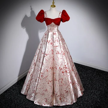 Chic Beautiful Burgundy Printing Prom Dresses 2023 A Line Princess Square Neckline Bow Puffy Short Sleeve Backless Floor Length Long Prom Formal Dresses