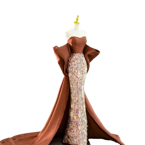 Sexy Caramel Perlage Paillettes Robe De Soirée 2024 Trompette / Sirène Bustier Sans Manches Dos Nu Noeud Tribunal Train Soirée Robe De Ceremonie