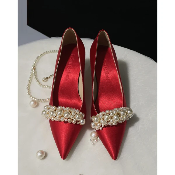 Charmant Goud Satijn Parel Bruidsschoenen 2022 Leer 6 cm Naaldhakken / Stiletto Spitse Neus Huwelijk Pumps Hoge Hakken