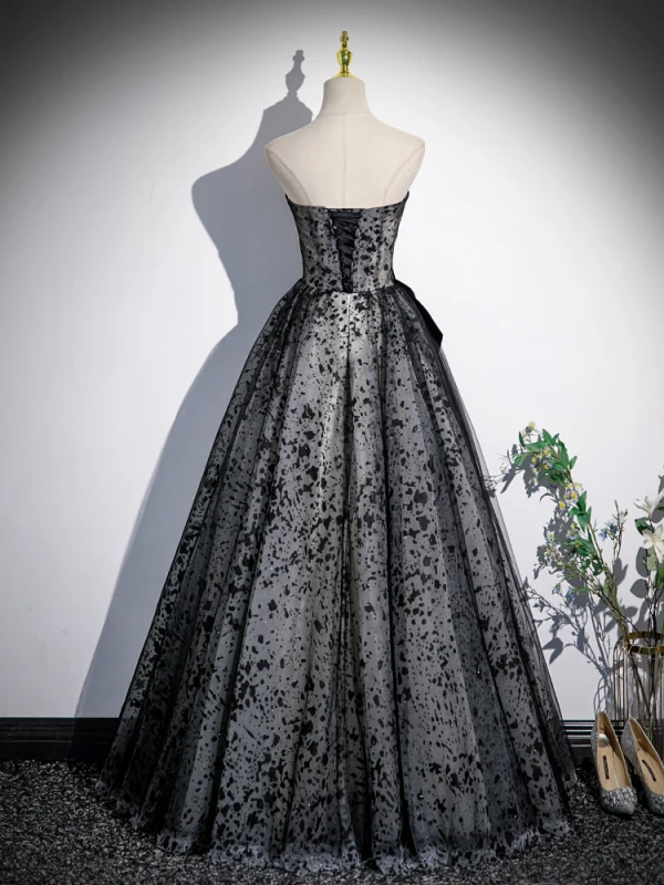 Chic / Beautiful Black Spotted Prom Dresses 2023 Ball Gown Strapless Sleeveless Backless Floor-Length / Long Formal Dresses