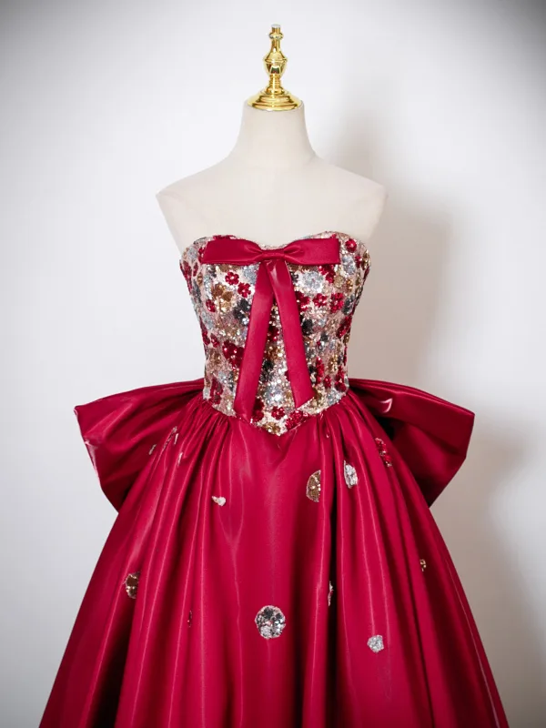 Chic / Beautiful Burgundy Sequins Prom Dresses 2025 A-Line / Princess Strapless Sleeveless Backless Bow Floor-Length / Long Formal Dresses