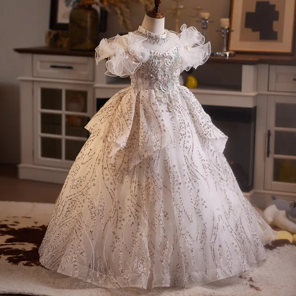Bling Bling Champagne Beading Pearl Rhinestone Birthday Flower Girl Dresses 2025 Ball Gown Off-The-Shoulder Short Sleeve Backless Floor-Length / Long