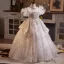Bling Bling Champagne Beading Pearl Rhinestone Birthday Flower Girl Dresses 2025 Ball Gown Off-The-Shoulder Short Sleeve Backless Floor-Length / Long
