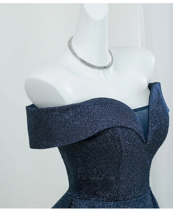 Schnittig Marineblau Glanz Sternenklarer Himmel Ballkleider 2026 A Linie Off Shoulder Ärmellos Rückenfreies Lange Festliche Kleider