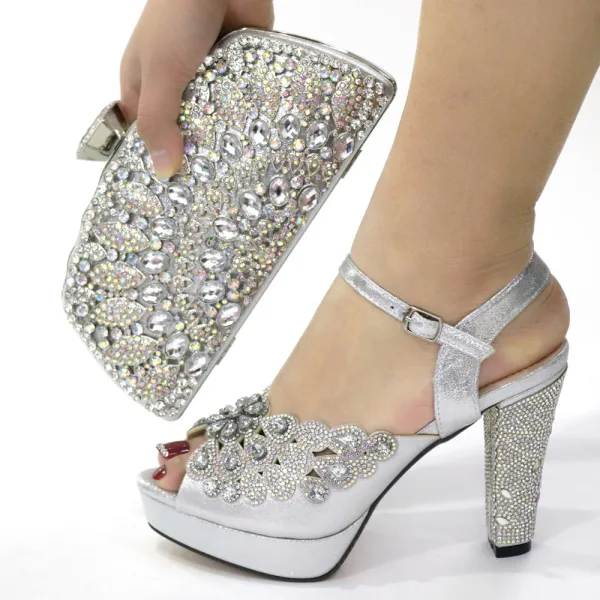 Charming Silver Rhinestone Evening Party Womens Sandals Clutch Bags 2023 10 cm Thick Heels Open / Peep Toe Sandals High Heels Clutch Bags